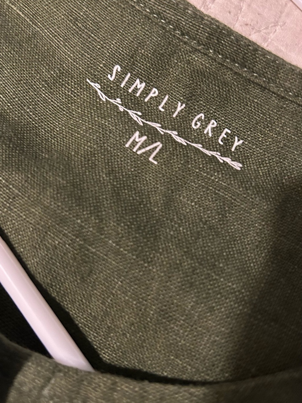 Simply Grey Olive Green Long Sleeve Button-Front Midi Dress 100% Linen - Picture 3 of 5